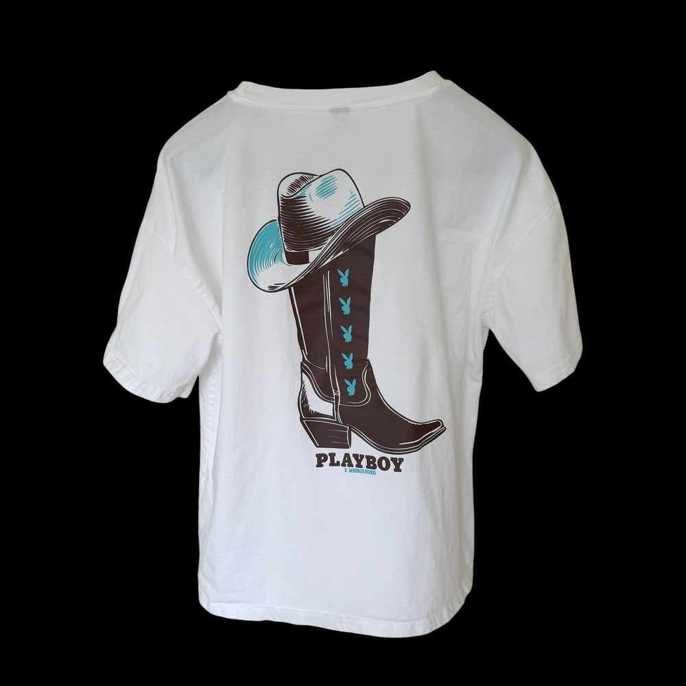 Playboy x Missguided White Cowboy Boot Graphic T-Shirt Women Medium Streetwear